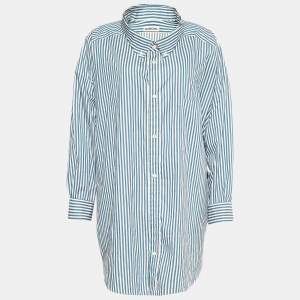 Balenciaga Blue Striped Cotton Logo Printed Oversized Shirt M