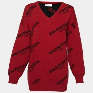 Balenciaga Burgundy Wool Allover Logo V Neck Oversized Sweater L