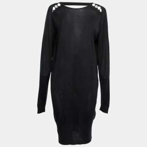 فستان بالنسياغا تريكو حرير أسود بظهر منخفض بأكمام طويلة مقاس صغير ( سمول )