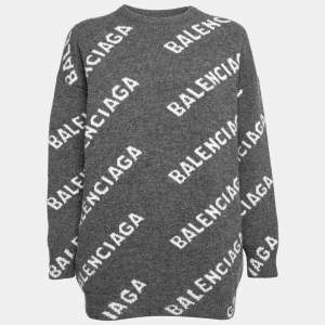 Pre Owned Balenciaga Grey Logo Intarsia Knit Wool Round Neck Jumper XS