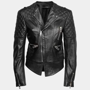 Balenciaga Black Leather Quilted Detail Zip Front Biker Jacket L