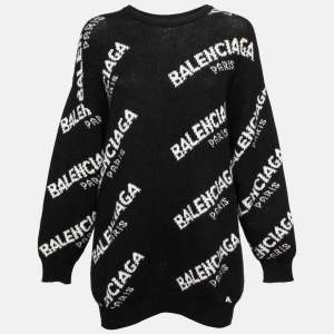 Pre Owned Balenciaga Black Wool Blend Allover Logo Crew Neck Sweater S