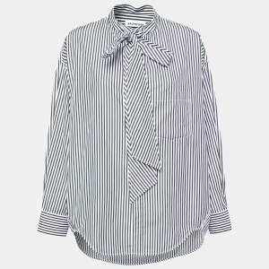Pre Owned Balenciaga Black Striped Cotton Neck Tie Detail Oversized Shirt S