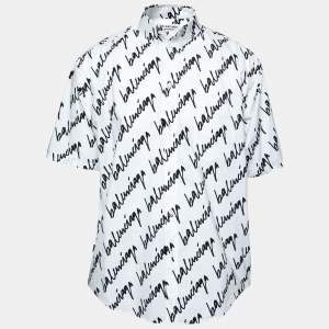Pre Owned Balenciaga White & Black Signature Logo Print Cotton Oversized Shirt S