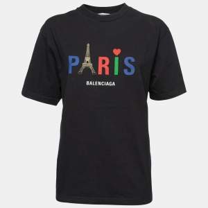 Pre Owned Balenciaga Black Cotton Paris Logo Printed T-Shirt S