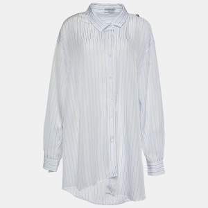 Pre Owned Balenciaga White Striped Crepe Asymmetric Pulled Shirt L