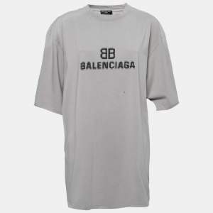 Pre Owned Balenciaga Grey Logo Printed Distressed Cotton Oversized T-Shirt XS