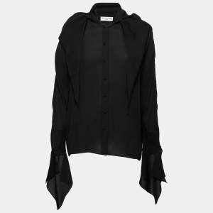 Pre Owned Balenciaga Black Silk Crepe Neck Tie Detail Long Sleeve Blouse M
