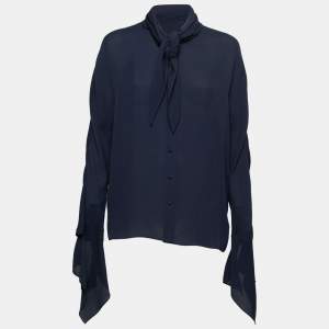 Pre Owned Balenciaga Dark Blue Silk Front-Tie Handkerchief Sleeve Top M