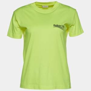 Pre Owned Balenciaga Neon Yellow Political Campaign Logo Print Cotton T-Shirt S