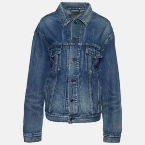 Pre Owned Balenciaga Blue Denim Logo Printed Oversized Jacket S