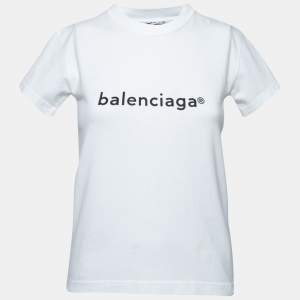 Pre Owned Balenciaga White Logo Print Cotton Crewneck T-Shirt XS