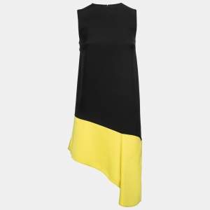 Balenciaga Black & Yellow Paneled Crepe Asymmetric Hem Dress S
