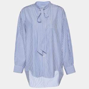 Balenciaga Blue Striped Cotton Neck Tie Detail Oversized Shirt S