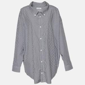 Balenciaga Black Checkered Cotton Logo Printed Oversized Shirt M