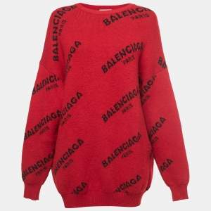 Pre Owned Balenciaga Red Logo Intarsia Knit Wool Oversize Jumper S