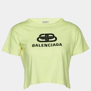 Pre Owned Balenciaga Neon Green Logo Printed Cotton Knit Crop Top M