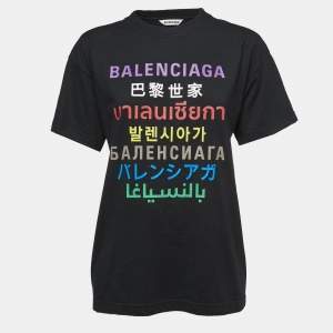 Pre Owned Balenciaga Black Jersey Language Print Oversized T-Shirt XS