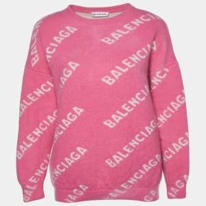 Pre Owned Balenciaga Pink Logo Intarsia Knit Wool Oversized Sweater L