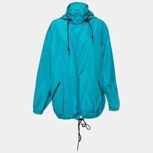 Balenciaga Turquoise Blue Logo Printed Synthetic Oversized Hooded Windbreaker Jacket S