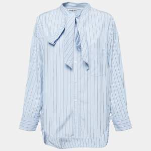 Pre Owned Balenciaga Light Blue Striped Cotton Logo Print Oversized Shirt M