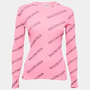 Pre Owned Balenciaga Pink Logo Print Rib Knit Jumper M