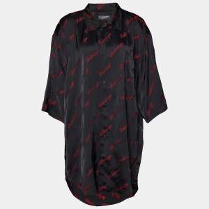 Balenciaga Black Logo Script Fil Coupe Satin Oversized Shirt M