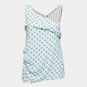 Pre Owned Balenciaga Off White Polka Dotted Crepe Sleeveless Ruched Top M