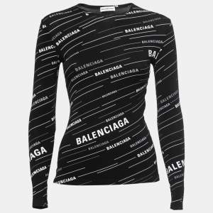Pre Owned Balenciaga Black Logo Printed Stretch Knit Full Sleeve T-Shirt S