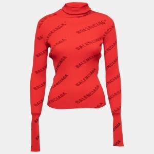 Pre Owned Balenciaga Red All Over Logo Print Rib Knit Hooded Pullover XS