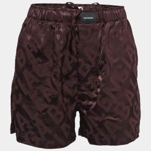 Balenciaga Brown All-Over Logo Patterned Satin Elasticized Waist Shorts S 