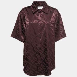 Balenciaga Brown All-Over Logo Patterned Satin Half Sleeve Shirt S 