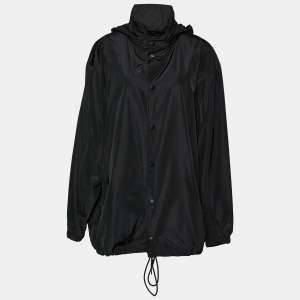 Pre Owned Balenciaga Black Synthetic Button Front Hooded Oversized Jacket M