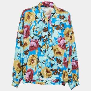 Pre Owned Balenciaga Multicolor Floral Printed Crepe neck Tie Detail Oversized Top M