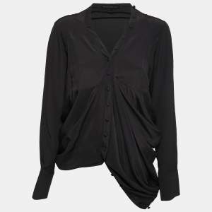 Pre Owned Balenciaga.Silk Black Silk Button Front Draped Long Sleeve Blouse L