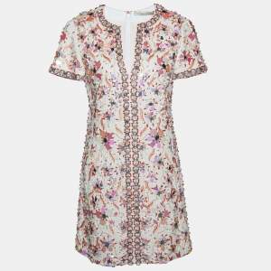 Balenciaga White Textured Embellished Cotton Plunge Neck Mini Dress S