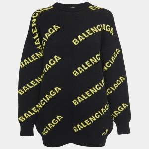 Balenciaga Black All Over Logo Wool Oversized Sweater S