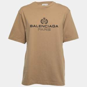 Balenciaga Camel Beige Logo Print Cotton Oversized T-Shirt S 
