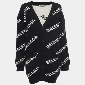 Pre Owned Balenciaga Black Logo Jacquard Knit Long Archetype Cardigan L