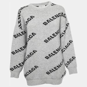 Balenciaga Grey All Over Logo Patterned Wool Blend Crew Neck Jumper M