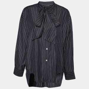 Balenciaga Black Striped Cotton Neck Tie Detail Oversized Shirt XS
