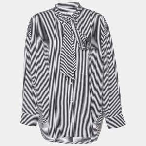 Balenciaga Black & White Striped Cotton Neck Tie Detail Oversized Shirt M