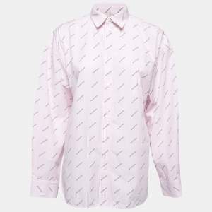 Pre Owned Balenciaga Pink Logo Striped Cotton Button Front Oversized Shirt S
