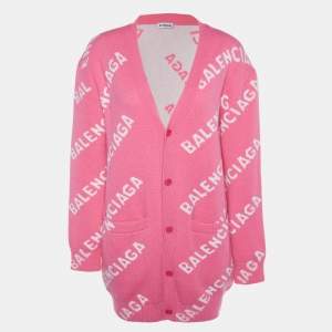 Balenciaga Pink Logo Intarsia Wool Knit Button Front Cardigan XS
