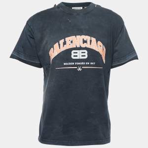 Balenciaga Grey Washed & Distressed Logo Print Cotton Half Sleeve T-Shirt S