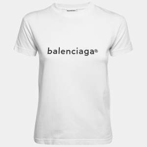 Pre Owned Balenciaga White Logo Print Cotton Short Sleeve T-Shirt XS
