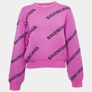 Balenciaga Pink All-Over Logo Wool Jumper S