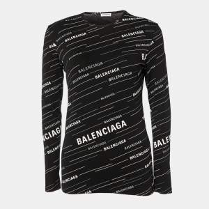 Pre Owned Balenciaga Black All Over Logo Print Knit Long Sleeve T-Shirt L