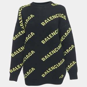 Pre Owned Balenciaga Black All-Over Logo Patterned Wool Jumper S