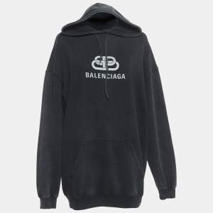 Balenciaga Grey Washed Cotton Logo Print Hoodie XS